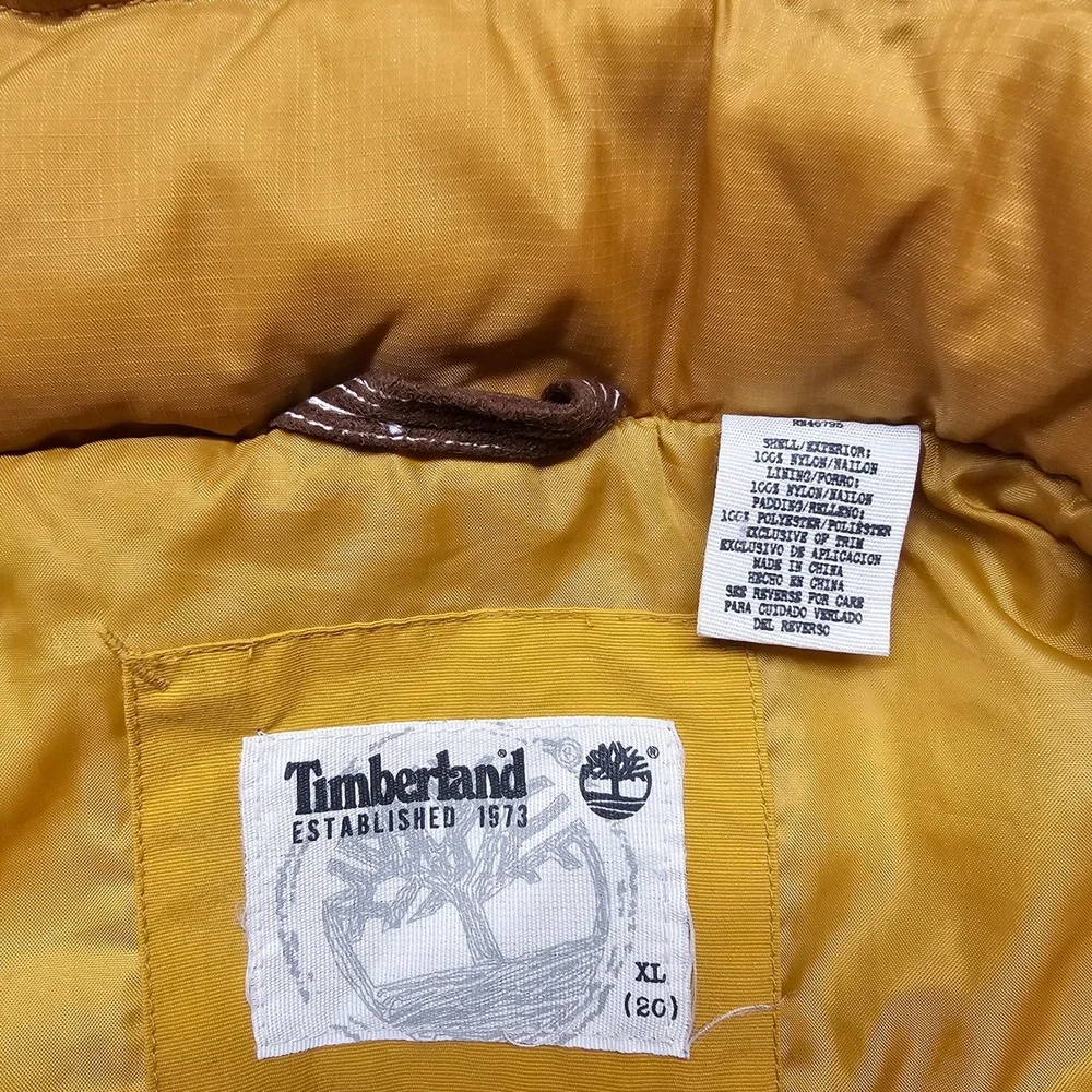 Timberland Hooded Puffer Vest Mens XL Gold Brown Fleece Trim Full Zip‎ Outdoor